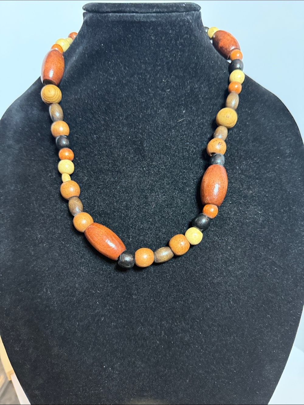 Vintage Handcrafted Wooden Bead Necklace in Brown & Tan